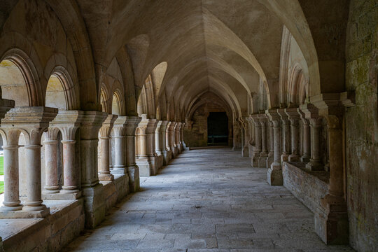 Visitors explore the cloisters of Fontenay Abbey with arches and columns in France