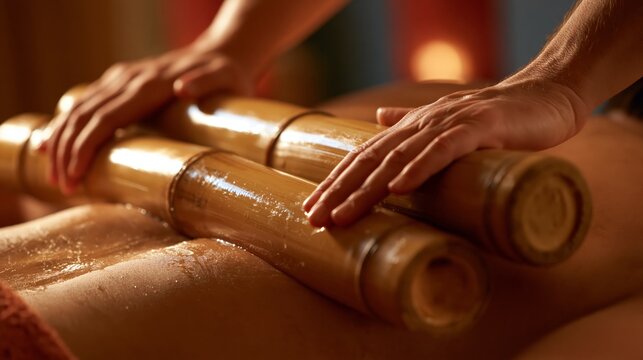 A massage therapist performing a bamboo cane rolling back massage with oil on a client's bare back.