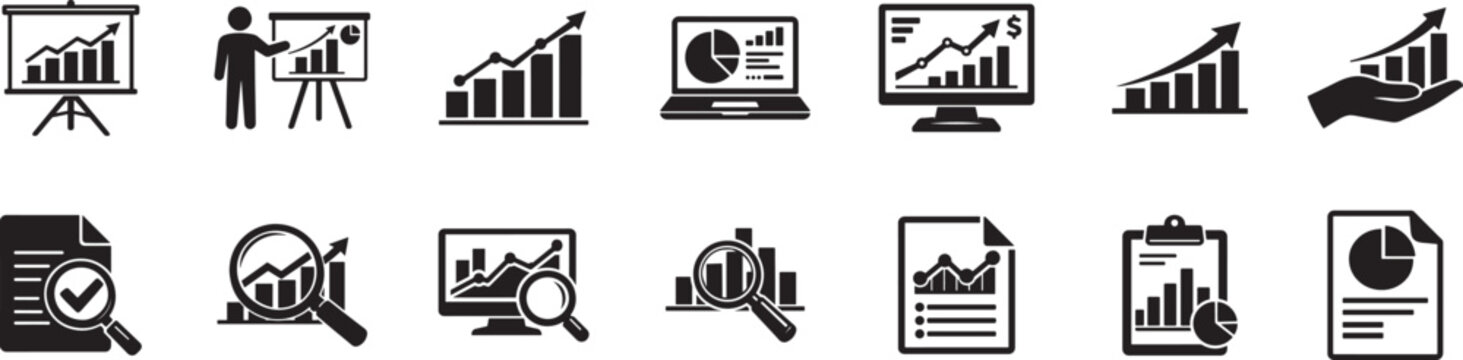 Data analytics icon set with statistics, charts, database, finance and performance symbols.