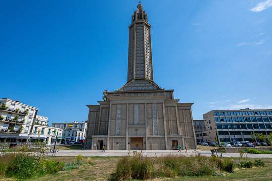 Church of St Josef stands tall with its distinctive tower in Le Havre during a sunny day in Normandy, France