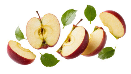 Naklejka premium Red apple halves and slices with green leaves, isolated on transparent background