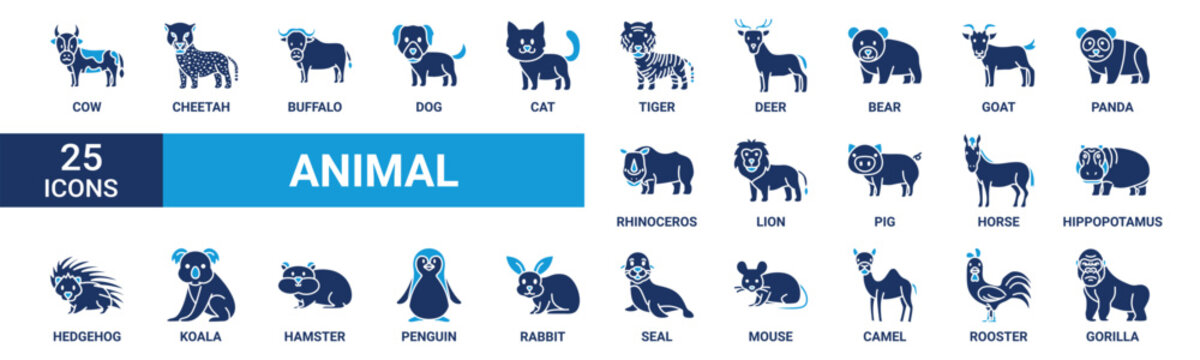 Animal icon set. Containing cow, cheetah, buffalo, dog, cat, tiger, deer, bear, goat, panda and more. Solid vector icons collection.