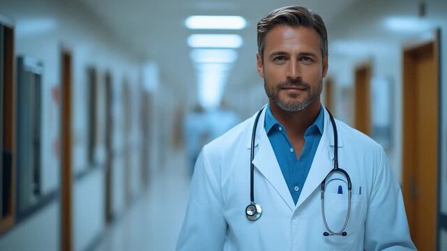 Confident Medical Professional: A doctor, radiating assurance and expertise, gazes directly at the viewer with a compassionate gaze, his stethoscope draped around his neck.