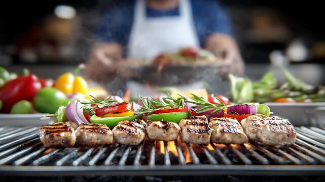 Grilled Delights on the Barbecue: A culinary scene unfolds as a skilled cook presents a tempting array of grilled skewers, featuring vibrant vegetables, and perfectly cooked meat.