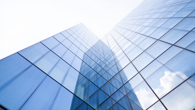 Low angle view of a modern glass office building against a bright white sky with architecture