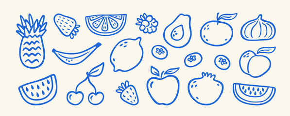 Obraz premium Hand drawn abstract tropical fruits in sketch style. Minimal blue line art. Ink, marker drawing. Pineapple, strawberry, watermelon, banana, cherry, avocado, lemon, pomegranate. Vector illustration.