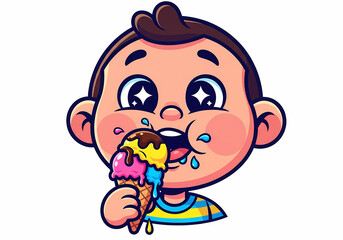 Obraz premium Cute cartoon boy with shiny eyes eating a delicious colorful ice cream cone.