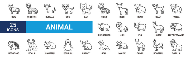 Animal icon set. Containing cow, cheetah, buffalo, dog, cat, tiger, deer, bear, goat, panda and more. Outline vector icons collection. © Squadfire