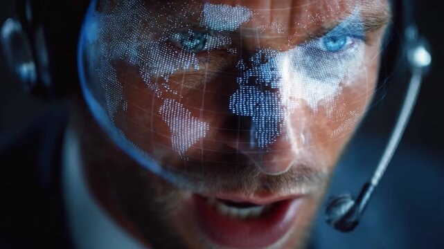 Global Visionary: A focused individual, adorned with a headset, his gaze piercing with intensity as a world map is projected onto his face, symbolizing the breadth of global awareness. 