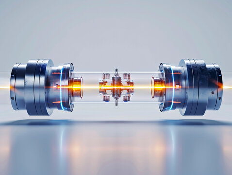 Abstract 3D quantum laser modulation core with glowing orange laser beam on minimalist metallic chassis
