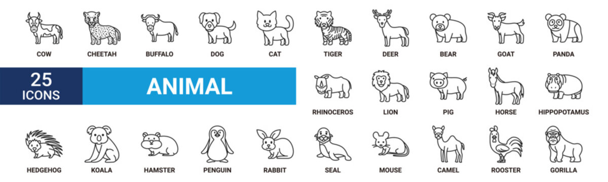 Animal icon set. Containing cow, cheetah, buffalo, dog, cat, tiger, deer, bear, goat, panda and more. Outline vector icons collection.