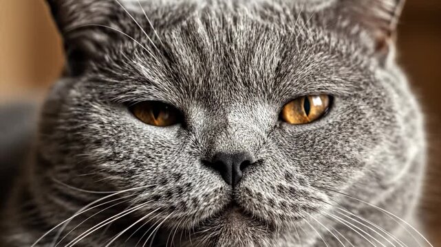 A regal British Shorthair feline gazes intently through its captivating amber eyes, showcasing the lush grey fur and refined facial features of this beloved domestic animal in a captivating