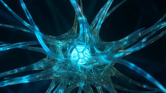3D animation of a glowing blue neuron firing electrical signals in the brain