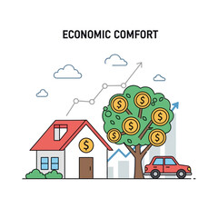 Obraz premium Economic Comfort Illustration: House, Tree with Money, Car, Growth