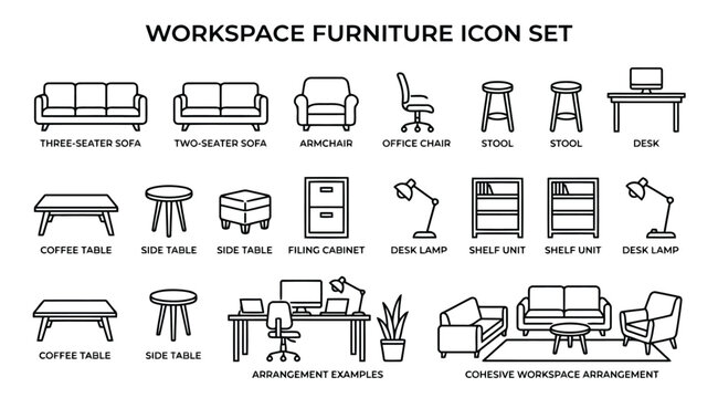 Comprehensive workspace furniture icon set