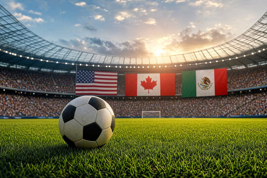 Soccer ball on green grass in a large crowded stadium with flags of USA Canada and Mexico at sunset for international tournament concept or world cup 2026 promotion.