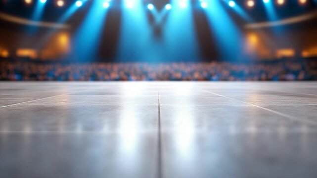 Empty Stage Under Spotlights: A perspective captures the emptiness of a stage, illuminated by brilliant spotlights and promising performance and drama. 