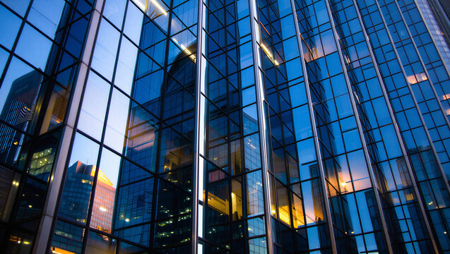 Close up architecture detail of blue glass skyscraper reflecting sunset sky and city with skyscraper