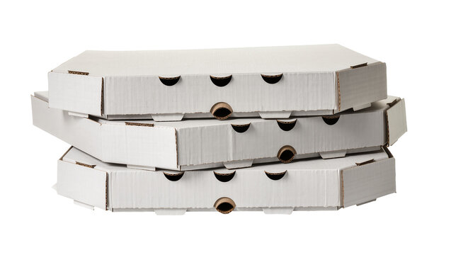 Stack of three white corrugated cardboard pizza boxes, isolated on transparent background