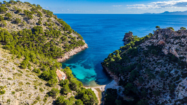 Cala Murta beach offers clear water and rocky shores in Formentor peninsula, Mallorca, Balearic islands, Spain