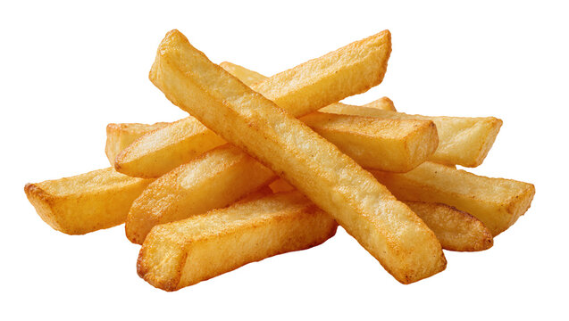 Golden crispy french fries piled high, isolated on transparent background