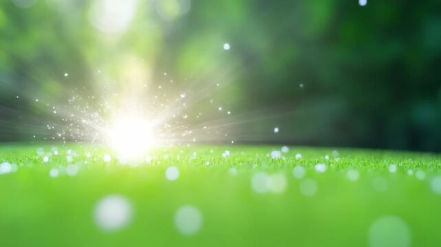 Serene Sunlight: A tranquil field of vibrant green grass, illuminated by a radiant burst of sunlight filtering through lush foliage, evokes a sense of peace and natural beauty.