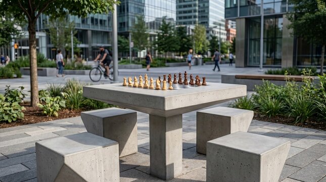 Outdoor chess table with pieces in urban park setting  