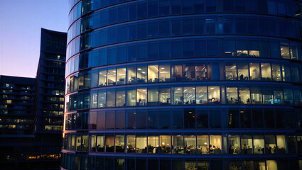 Close up view of a circular glass office building at night with illuminated interior workspaces © Sadiya Digital