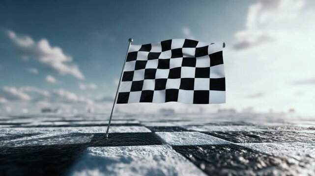 Checkered Flag of Triumph: A checkered flag waves proudly against a bright cloudy sky, symbolizing victory and the culmination of a race, representing the thrill of competition.