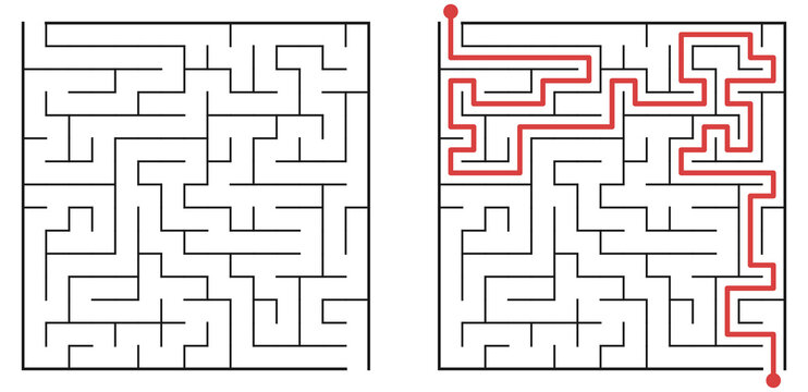 Set of two simple square mazes. One empty unsolved maze and one completed maze with a thick red line showing the correct path from start to finish. Problem solving concept