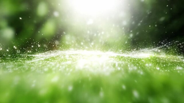 Abstract Green Sparkle: A close-up view captures a field of lush green with sparkling particles dancing in the sunlight, creating an enchanting visual effect
