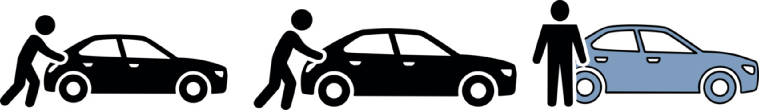 Flat vector icon set showing man pushing broken car and person refueling vehicle with gas canister fuel tank