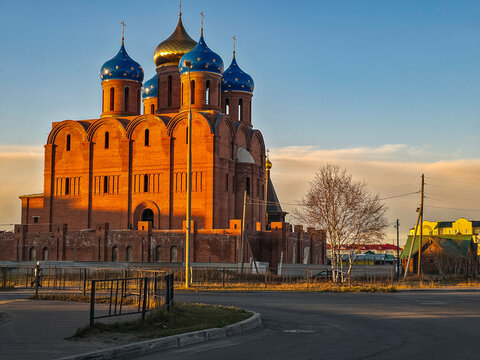 New orthodox church under construction with blue domes in Naryan-Mar, Nenets Autonomous Okrug, Russia
