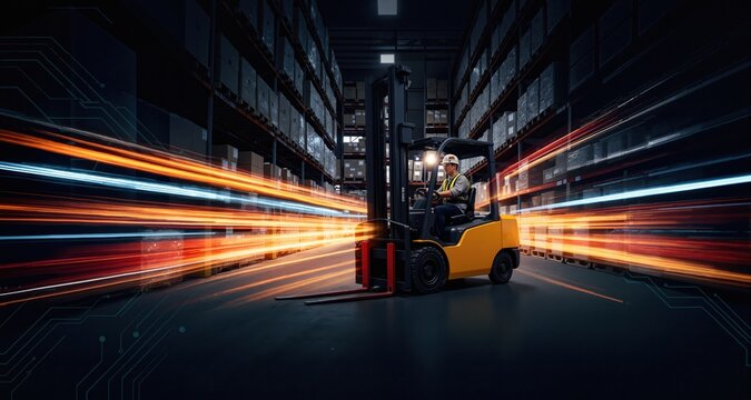 Forklift operation inside logistics warehouse. Dynamic motion light trails with motion blur effect on dark background. Futuristic, technology pattern for banner or poster design.
