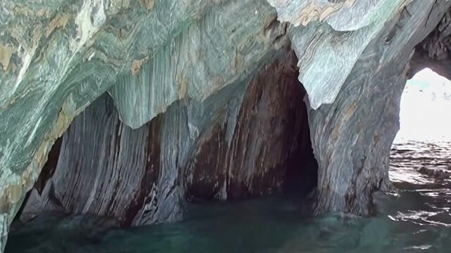 Marvel at the majestic General Carrera Lake, Patagonia's Marble Caves. Witness stunning natural patterns in the rock formations, bathed in ethereal light above tranquil, clear turquoise waters.