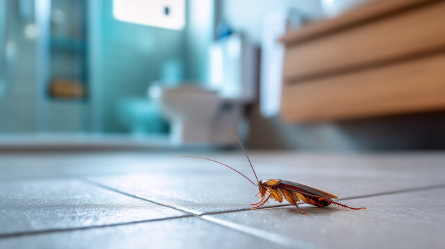 Cockroach insect crawling on bathroom floor with blurred modern interior background, household pest infestation and hygiene problem concept.
