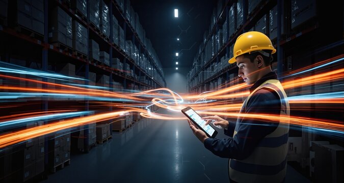 Warehouse manager using digital tablet checking inventory. Dynamic motion light trails with motion blur effect on dark background. Futuristic, technology pattern for banner or poster design.
