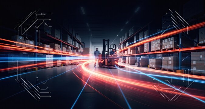 High angle view of forklifts moving boxes in warehouse against white background. Dynamic motion light trails with motion blur effect on dark background. Futuristic, technology pattern for banner or po