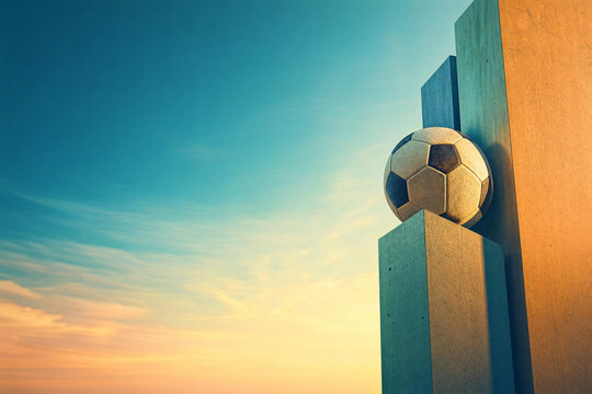 Classic soccer ball placed on minimalist concrete architectural columns under a clear blue and orange sunset sky, ideal for sports achievement and urban competition themes.