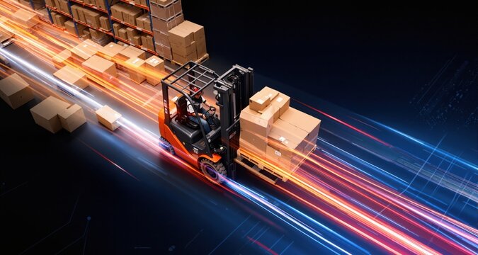 High angle view of forklifts moving boxes in warehouse against white background. Dynamic motion light trails with motion blur effect on dark background. Futuristic, technology pattern for banner or po