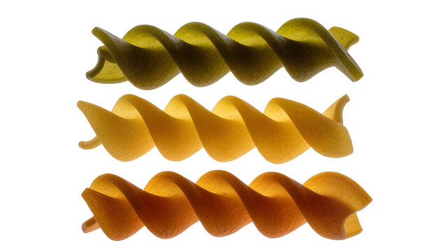 Three colorful fusilli pasta spirals, isolated on transparent background