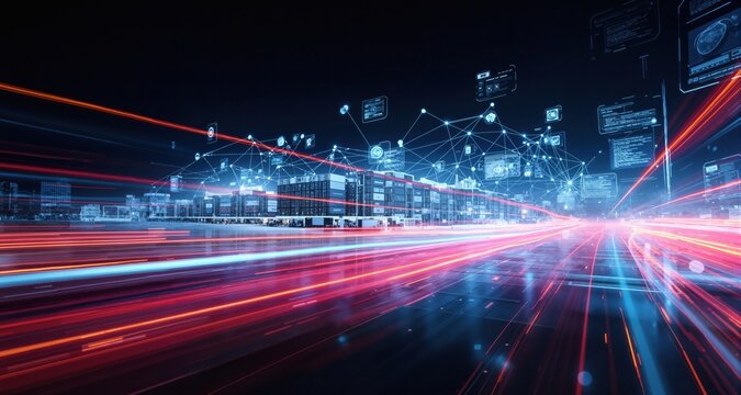 Efficient Digital Warehouse Management System for Optimized E-Commerce Operations. Dynamic motion light trails with motion blur effect on dark background. Futuristic, technology pattern for banner or 