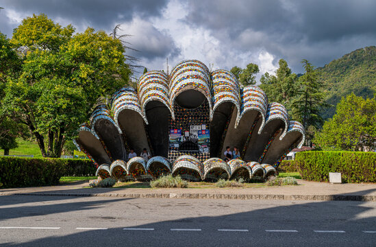 Mushroom-shaped busstop in beautiful design located in New Athon, Abkhazia, Russia, attracting visitors and locals alike