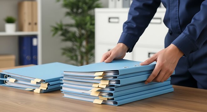 Person organizing blue binders with tabs on wooden desk in office