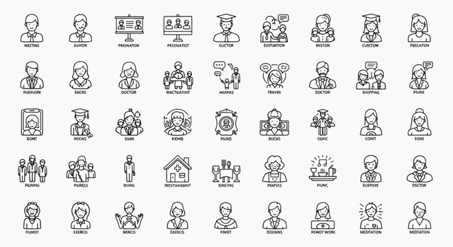Collection of flat line icons representing diverse professions people and activities in a clean modern design set