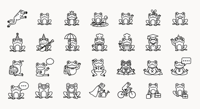 Collection of Cute Frog Illustrations with Various Activities and Emotions, Vector Line Art Style