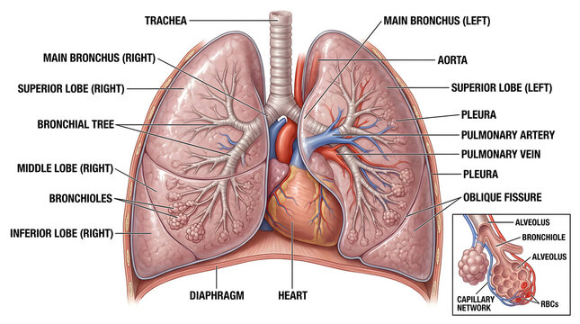 Comprehensive illustration of heart and lungs together, showing main bronchi, lobar branches, pulmonary arteries and veins, fissures separating lobes, diaphragm below and inset of alveoli and capillar