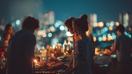 Fototapeta premium Rooftop night barbecue group