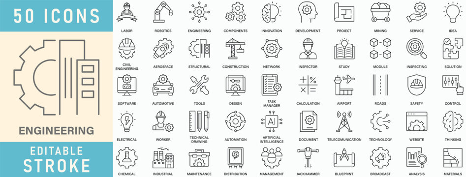 Engineering icon collection set. Editable stroke. Vector illustration.
