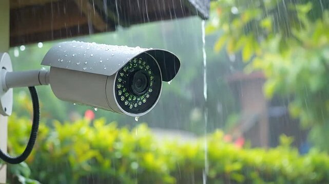 A security camera is exposed to heavy rain outdoors